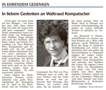 Traueranzeige von Waltraud Kompatscher von Athesia Dolmiten