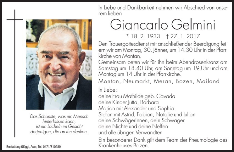  Traueranzeige für Giancarlo Gelmini vom 28.01.2017 aus Dolomiten