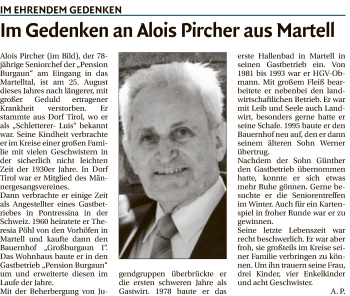 Traueranzeige von Alois Pircher von Athesia Dolmiten