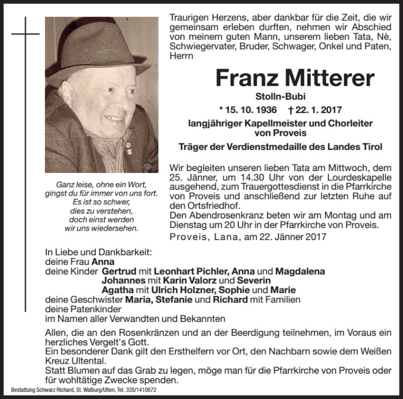  Traueranzeige für Franz Mitterer vom 23.01.2017 aus Dolomiten
