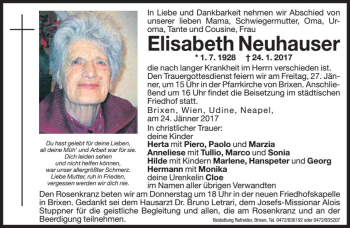 Traueranzeige von Elisabeth Neuhauser von Dolomiten