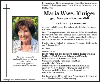 Traueranzeige von Maria Kiniger von Dolomiten