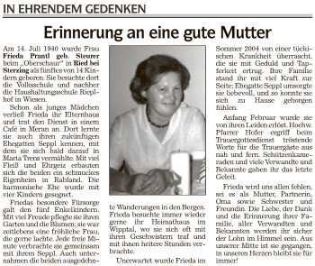 Traueranzeige von Frieda Prantl von Athesia Dolmiten