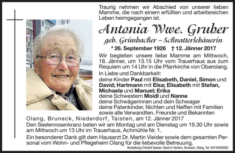  Traueranzeige für Antonia Gruber vom 16.01.2017 aus Dolomiten