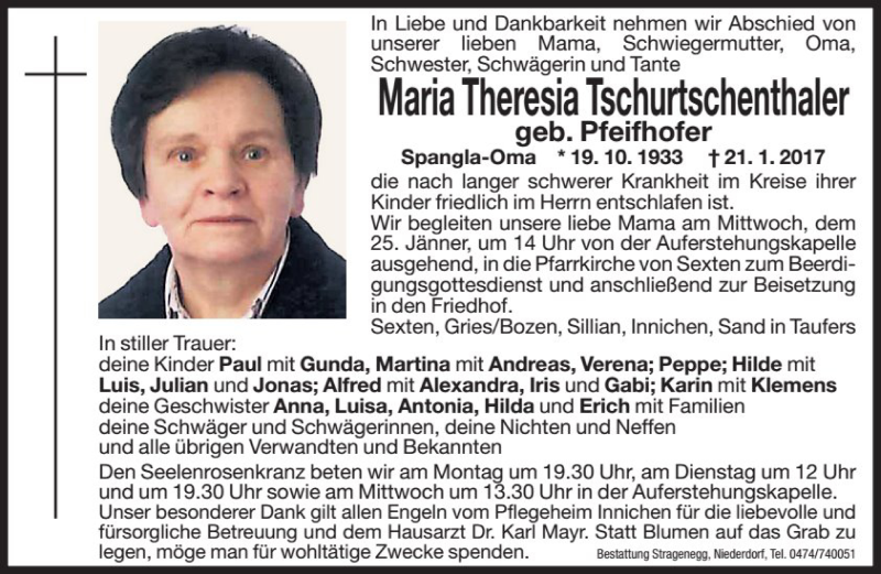  Traueranzeige für Maia Theresia Tschurtschenthaler vom 23.01.2017 aus Dolomiten