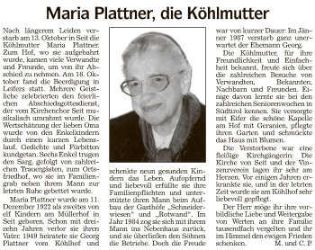 Traueranzeige von Maria Plattner von Athesia Dolmiten