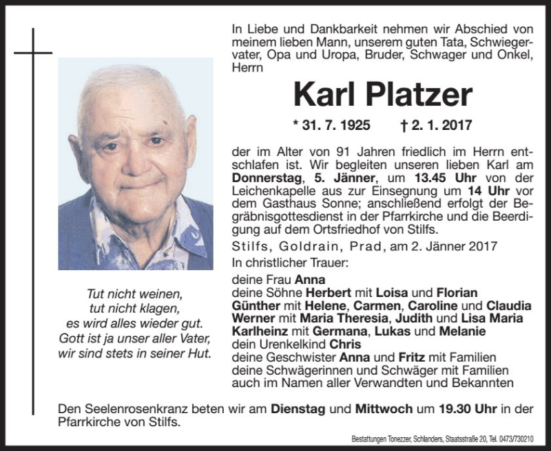  Traueranzeige für Karl Platzer vom 03.01.2017 aus Dolomiten