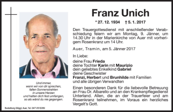 Traueranzeige von Franz Unich von Dolomiten