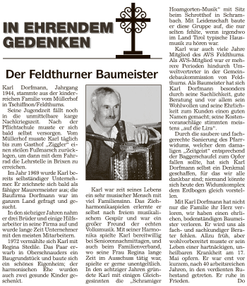 Traueranzeige von Karl Dorfmann von Athesia Dolmiten