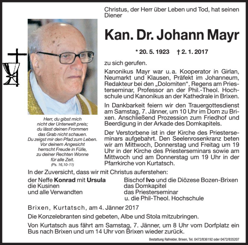  Traueranzeige für Johann Mayr vom 04.01.2017 aus Dolomiten