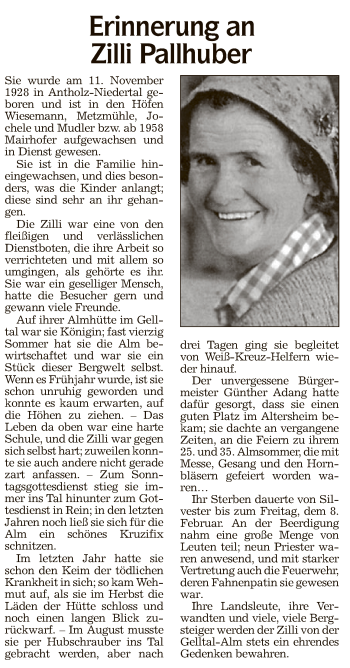 Traueranzeige von Zilli Pallhuber von Athesia Dolmiten