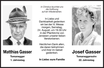 Traueranzeige von Josef Gasser von Dolomiten