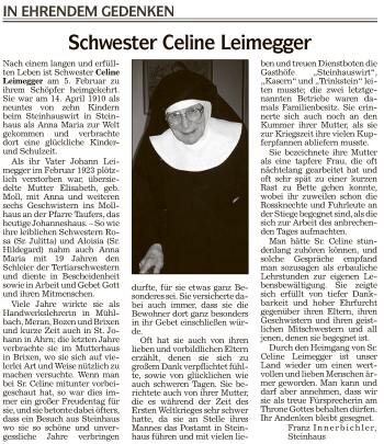 Traueranzeige von Celine (Anna Maria) Leimegger von Athesia Dolmiten