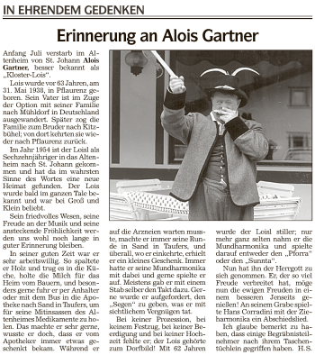 Traueranzeige von Alois Gartner von Athesia Dolmiten