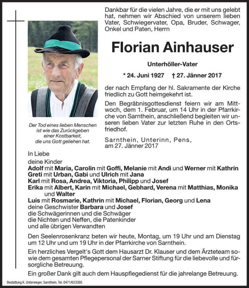  Traueranzeige für Florian Ainhauser vom 30.01.2017 aus Dolomiten