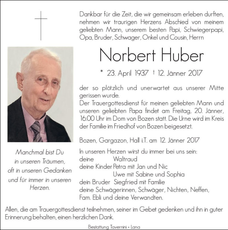  Traueranzeige für Norbert Huber vom 17.01.2017 aus Dolomiten