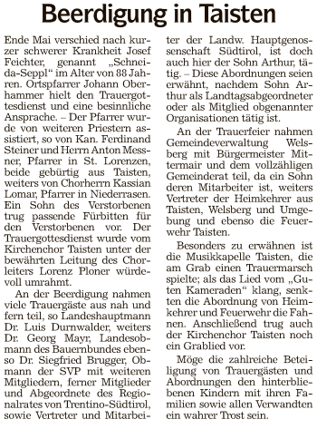 Traueranzeige von Josef Feichter von Athesia Dolmiten