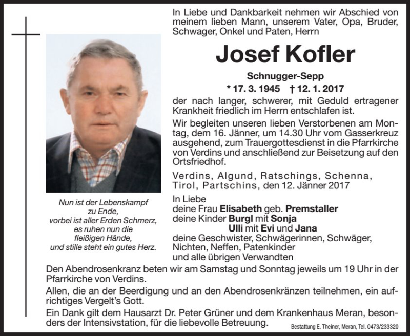  Traueranzeige für Josef Kofler vom 14.01.2017 aus Dolomiten