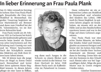 Traueranzeige von Paula Plank von Athesia Dolmiten