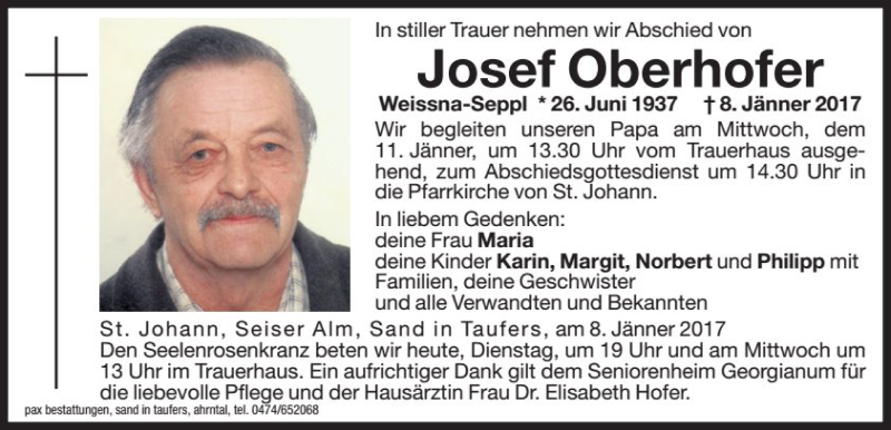  Traueranzeige für Josef Oberhofer vom 10.01.2017 aus Dolomiten