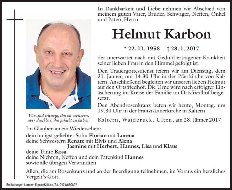  Traueranzeige für Helmut Karbon vom 30.01.2017 aus Dolomiten