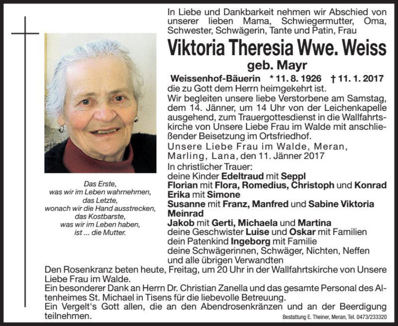  Traueranzeige für Viktoria Theresia Weiss vom 13.01.2017 aus Dolomiten