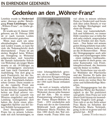 Traueranzeige von Franz Liensberger von Athesia Dolmiten