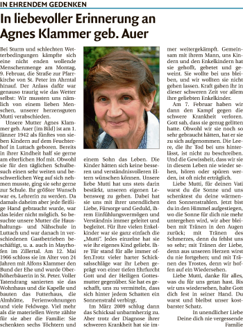 Traueranzeige von Agnes Klammer von Athesia Dolmiten