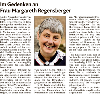 Traueranzeige von Margareth Regensberger von Athesia Dolmiten