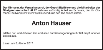 Traueranzeige von Anton Hauser von Dolomiten