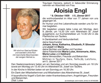 Traueranzeige von Aloisia Engl von Dolomiten