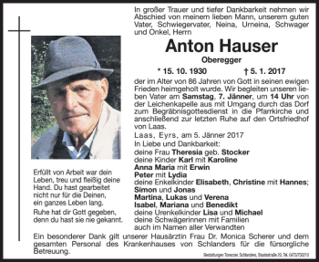 Traueranzeige von Anton Hauser von Dolomiten