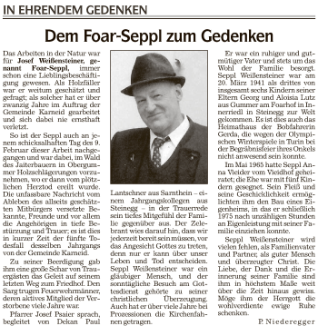 Traueranzeige von Josef Weißensteiner von Athesia Dolmiten