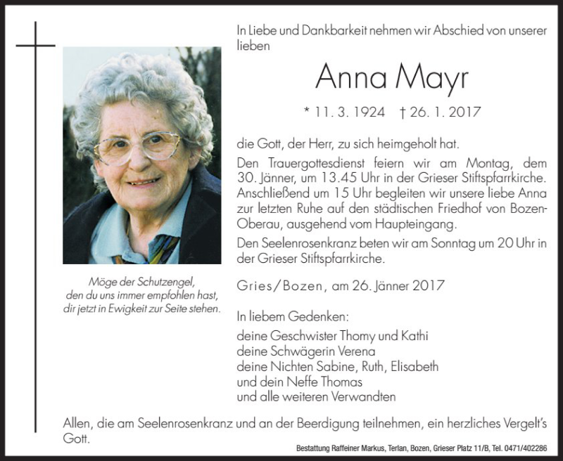  Traueranzeige für Anna Mayr vom 28.01.2017 aus Dolomiten