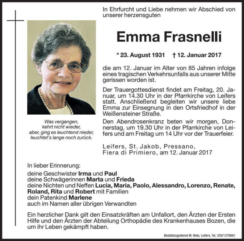  Traueranzeige für Emma Frasnelli vom 18.01.2017 aus Dolomiten