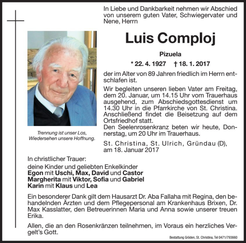  Traueranzeige für Luis Comploj vom 19.01.2017 aus Dolomiten