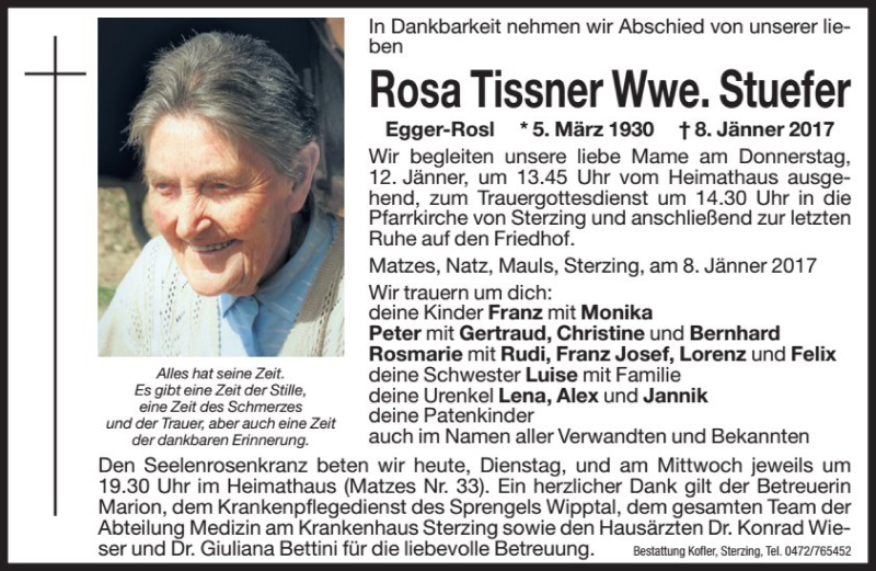  Traueranzeige für Rosa Stuefer vom 10.01.2017 aus Dolomiten
