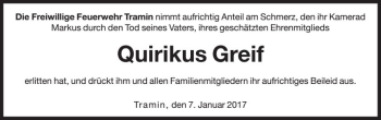 Traueranzeige von Quirikus Greif von Dolomiten