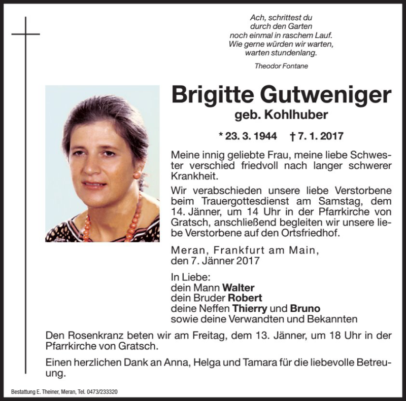 Traueranzeige für Brigitte Gutweniger vom 12.01.2017 aus Dolomiten