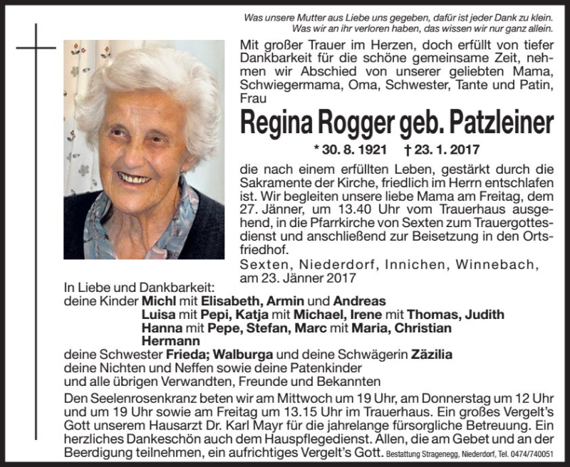  Traueranzeige für Regina Rogger vom 25.01.2017 aus Dolomiten