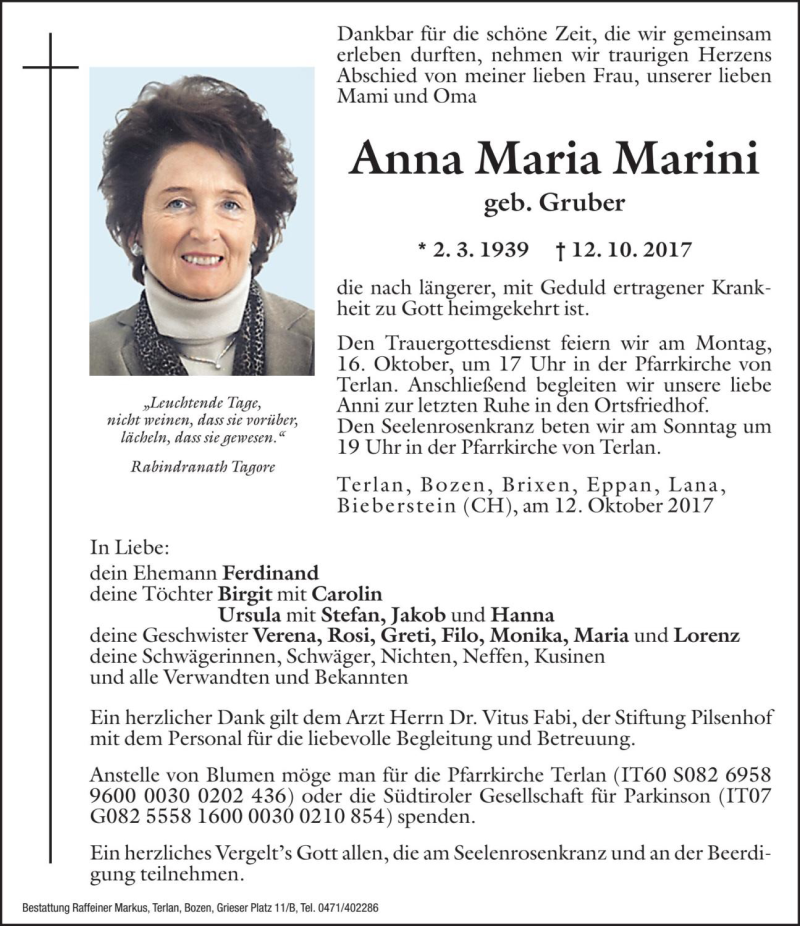  Traueranzeige für Anna Maria Marini vom 14.10.2017 aus Dolomiten