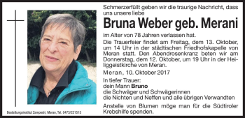 Traueranzeige von Bruna Weber von Dolomiten