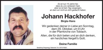 Traueranzeige von Johann Hackhofer von Dolomiten