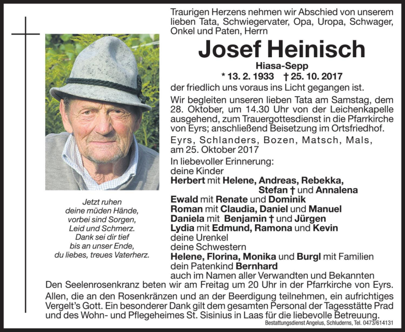  Traueranzeige für Josef Heinisch vom 27.10.2017 aus Dolomiten