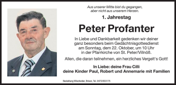 Traueranzeige von Peter Profanter von Dolomiten