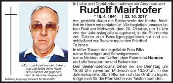 Traueranzeige von Rudolf Mairhofer von Dolomiten