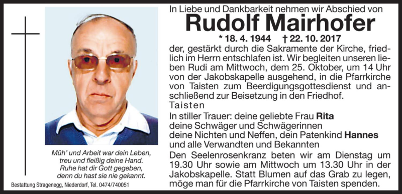  Traueranzeige für Rudolf Mairhofer vom 24.10.2017 aus Dolomiten