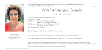 Traueranzeige von Witti Psenner von Dolomiten