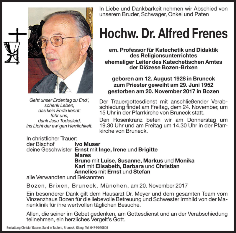  Traueranzeige für Alfred Frenes vom 22.11.2017 aus Dolomiten