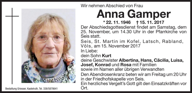  Traueranzeige für Anna Gamper vom 24.11.2017 aus Dolomiten